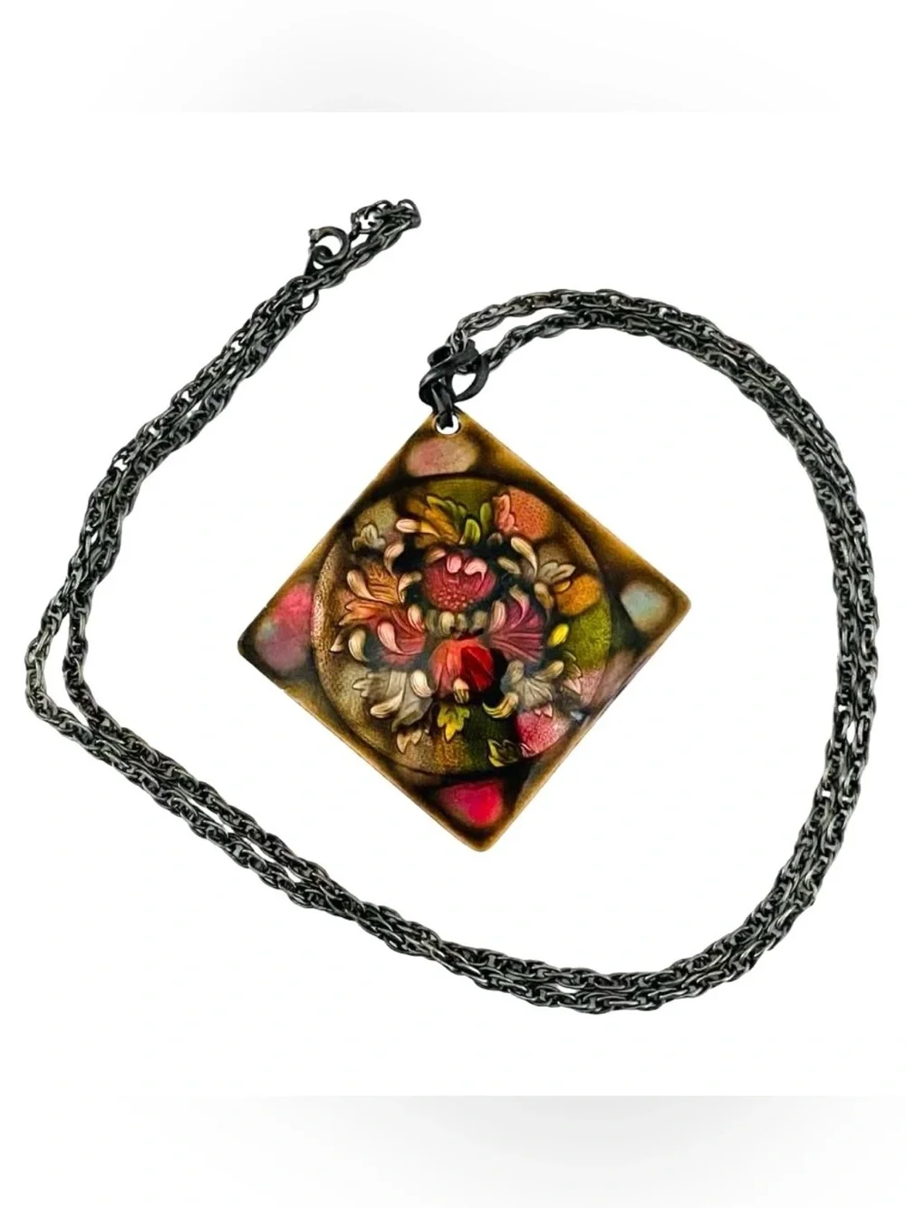 Vintage Mid-Century Enamel On Copper Floral Pendant With Chain